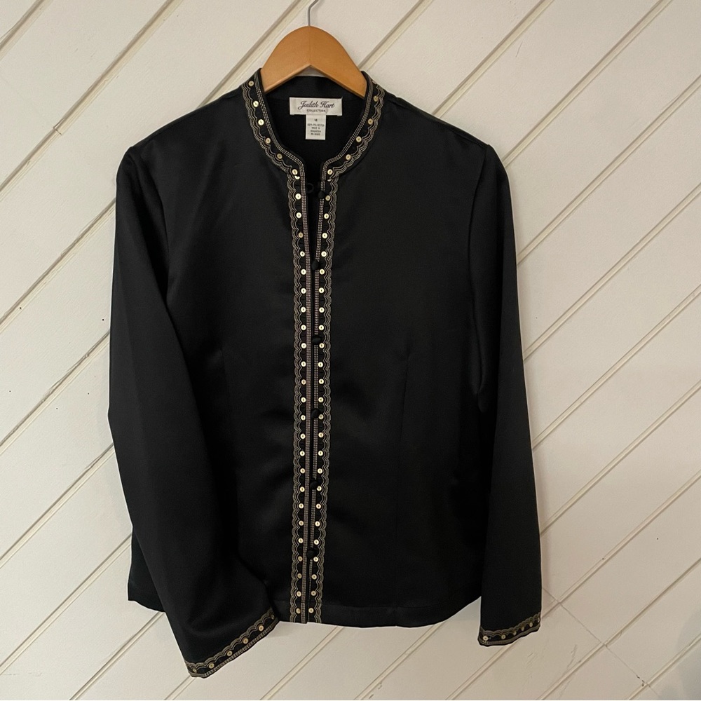 Judith Hart Jacket, Black Satin-like, Mandarin Collar SZ 14